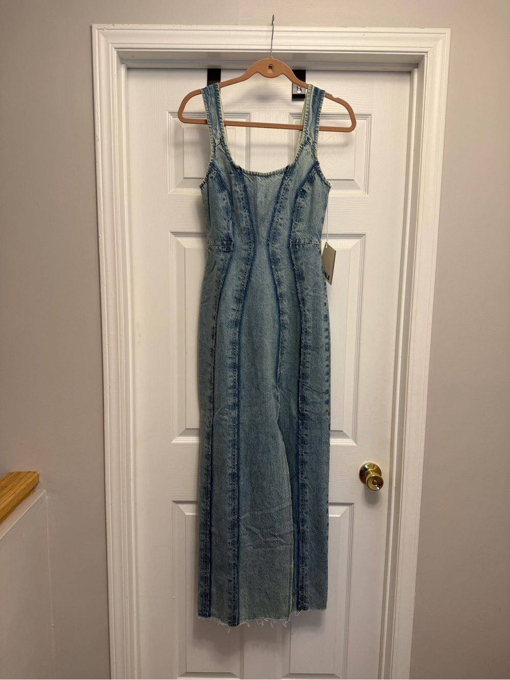 DALA On Tap Denim Midi Dress Canyon Size 25 NWT Raw Hem Zip Back Blue Jean